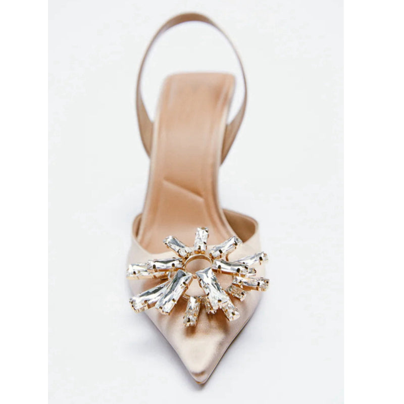 woloong New Brand Women Slingback Shoes Fashion Bling Crystal Sandal Ladies Thin High Heel Pointed Toe Shallow Slip On Mules M