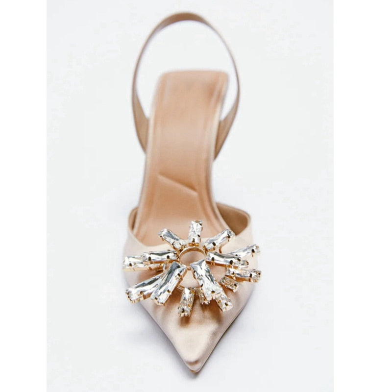 woloong New Brand Women Slingback Shoes Fashion Bling Crystal Sandal Ladies Thin High Heel Pointed Toe Shallow Slip On Mules M