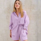 Cotton Pajamas For Women Sets Suit Casual Sleepwear Turn-Down Collar Nine Quarter Sleeve Sleep Tops Shorts Female Homewear