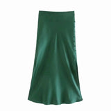 woloong  Summer Women Satin Elastic Waist Side Slit A-Line Skirt New Fashion Lady Button Decoration Falda Midi LUJIA ALAN P1597