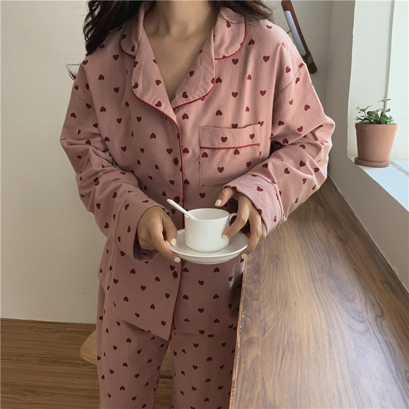 goosudu Cotton Pajamas Set Comfortable Long Sleeve Lovely Sweet Leisurewear Home Suit Spring Sleepwear Soft Korean Heart Print Kawaii