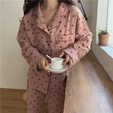 goosudu Cotton Pajamas Set Comfortable Long Sleeve Lovely Sweet Leisurewear Home Suit Spring Sleepwear Soft Korean Heart Print Kawaii