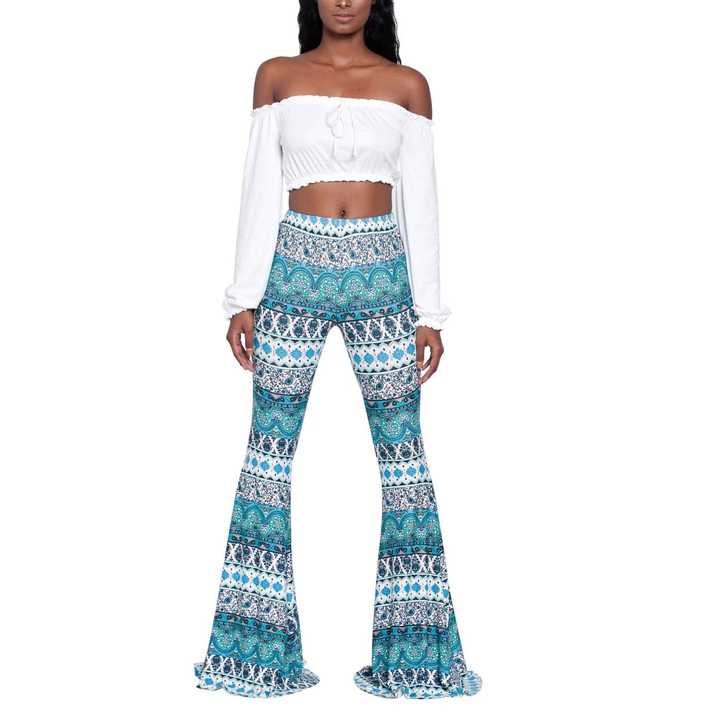 goosudu Summer New Women High-Waist Stretch-Print Trousers Wide-Leg Loose-Fitting Trousers Sexy Flared Pants Bottom Casual Leggings