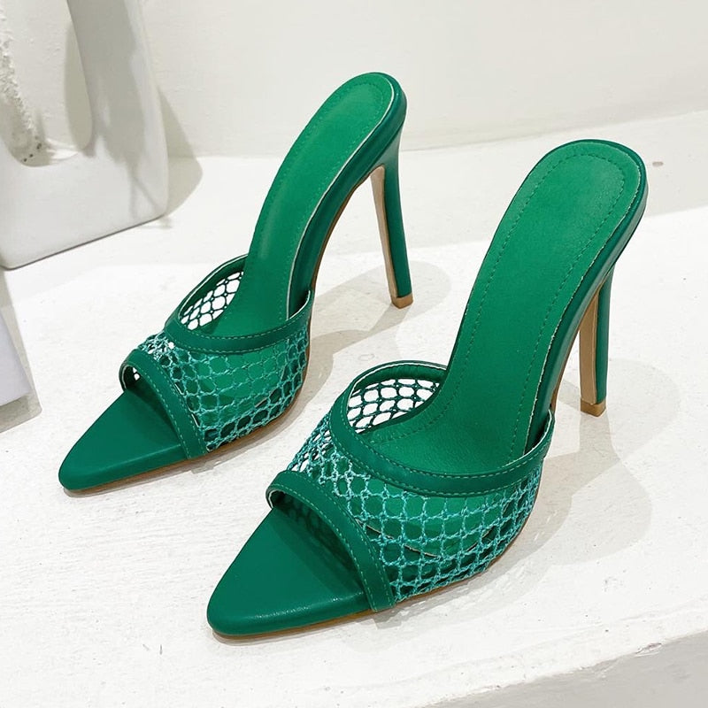 woloong New Sexy Pointed Head Peep Toe High Heel Mesh Slippers Summer Fashion Slip On Thin Heels Slides Women Mules Party