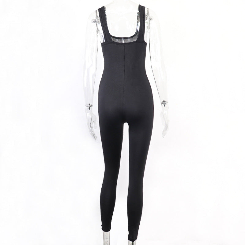 goosudu  Sleeveless Solid Square Collar Ribbed Skinny Jumpsuit Summer Women Fashion Sexy Streetwear Lounghe Wear Y2K