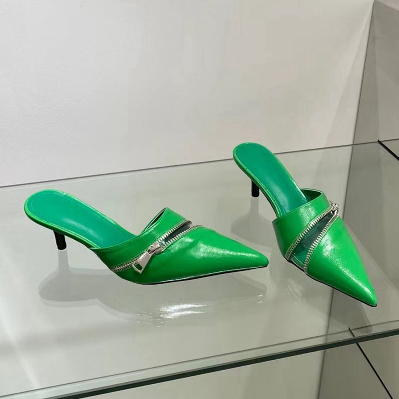 woloong  Summer New Women Slipper Fashion Brand Zipper Pointed Toe Slip On Ladies Elegant Mules Shoes Thin High Heel Slide
