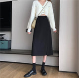 Skirts Women Black High-waist Side-split Midi Skirt Ladies Stretchy Body-con A-line Vintage Elegant All-match Simple Fashion New