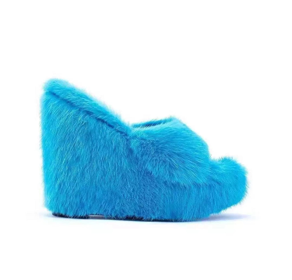 goosudu New Fur Slippers Women's Wedge Heel Shoes Women High-heeled Furry Drag Fashion Outdoor All-match Shoes Slippers Furry Slides