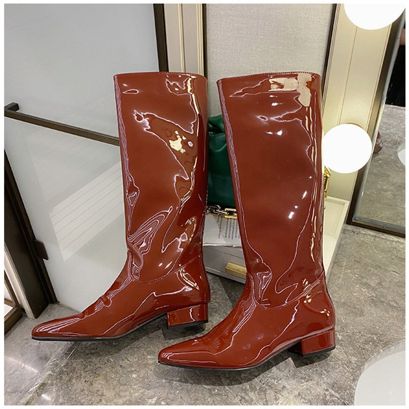 woloong  New INS Women Knee-high Women Boot Shoes Low Heel Slip On Long Boots Brand Designer Pointed Toe Chelsea Boots