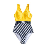 goosudu   Yellow and Striped Patchwork One-Piece Swimsuit Sexy V-neck Women Monokini Girls Beach Bathing Suits Swimwear
