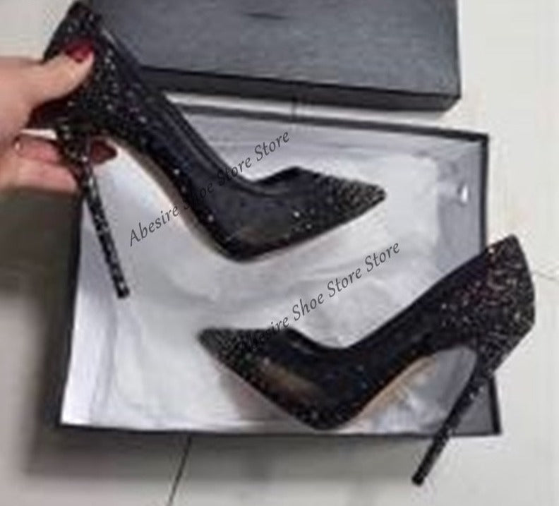 woloong New Crystal Pumps Shallow Crystal Stilettos Solid Pumps Beige High Heels Woman Spring Shoes Fashion Party Sexy Big Size