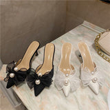 woloong New Baotou Half Drag Thin Heel Bow Sandals Pointed Pearl High Heel Muller Shoes