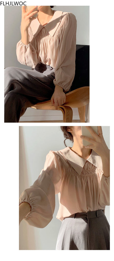 woloong Chic Korea Japanese Fenimine Clothes Women New Design Long Sleeve Solid Retro Vintage Black Pink Cute Tops And Blouses
