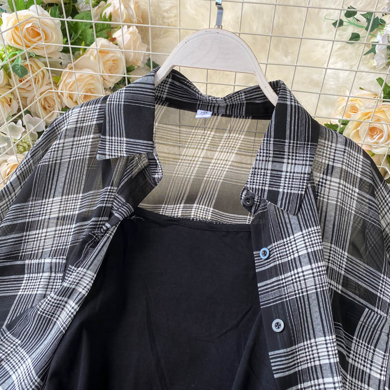 New Summer Autumn Casual Two Piece Set Long Sleeve Plaid Grey Overcoats Spaghetti Strap Slim Black Solid Dress