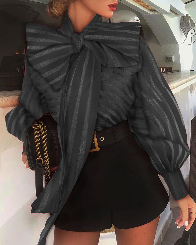 woloong  New Fashion Women's Puff Long Sleeve Striped Blouses Bow Collar Shirts Streetwear Ladies Casual Mesh Tops Camisas Blusa Mujer