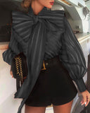 woloong  New Fashion Women's Puff Long Sleeve Striped Blouses Bow Collar Shirts Streetwear Ladies Casual Mesh Tops Camisas Blusa Mujer