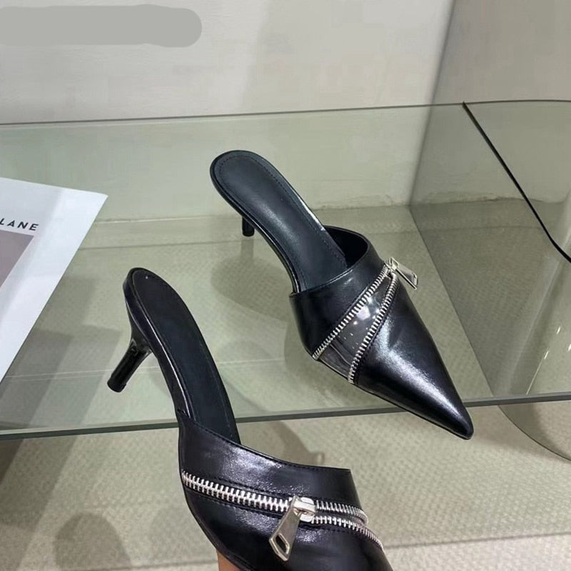 woloong  Summer New Women Slipper Fashion Brand Zipper Pointed Toe Slip On Ladies Elegant Mules Shoes Thin High Heel Slide