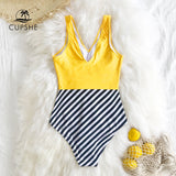 goosudu   Yellow and Striped Patchwork One-Piece Swimsuit Sexy V-neck Women Monokini Girls Beach Bathing Suits Swimwear