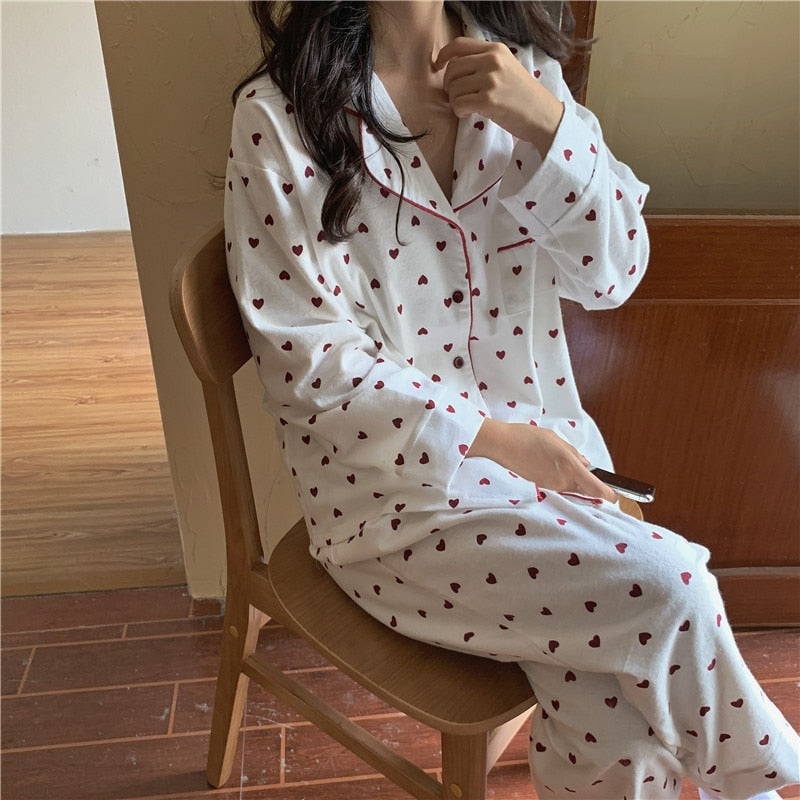 goosudu Cotton Pajamas Set Comfortable Long Sleeve Lovely Sweet Leisurewear Home Suit Spring Sleepwear Soft Korean Heart Print Kawaii