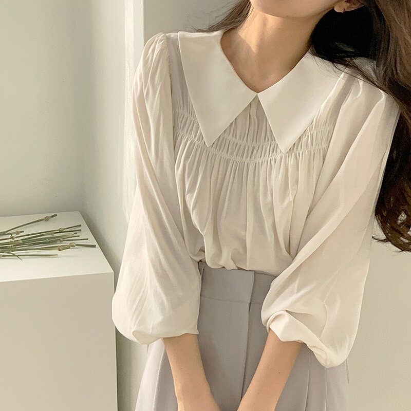 woloong Chic Korea Japanese Fenimine Clothes Women New Design Long Sleeve Solid Retro Vintage Black Pink Cute Tops And Blouses