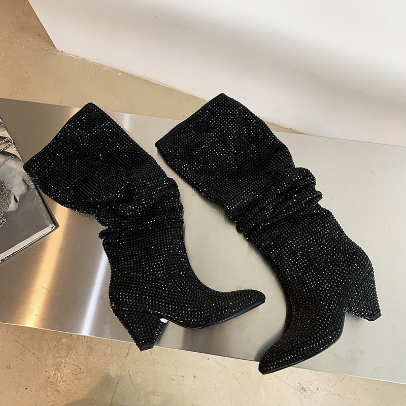 woloong New Crystal Shoes Woman Pointed Toe Over Knee High Boots Sexy Rhinestone Chunky Spike Heel Boots Ladies Shoes Botas Mujer