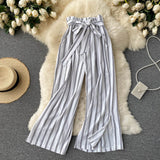 goosudu Summer New Fashion All-match Women's Casual Pants Retro Striped Color Slim Long Slit Wide Leg Pants DK1053