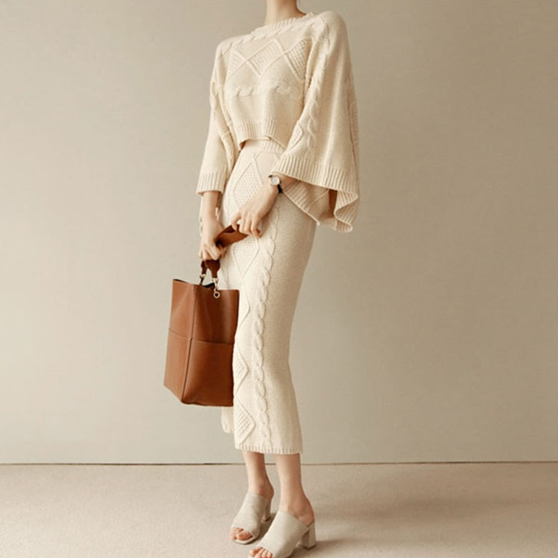 goosudu High Quality Autumn Winter Women Knitted 2 Piece Set  Batwing Sleeve Loose Tops+Slim Bodycon Skirt Female Sweater Suits