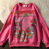 woloong Kawaii Rose Red Cartoon Letter Print Sweatshirt Vintage Streetwear Fashion Tops New O-neck Casual Teens Clothes Goth Punk