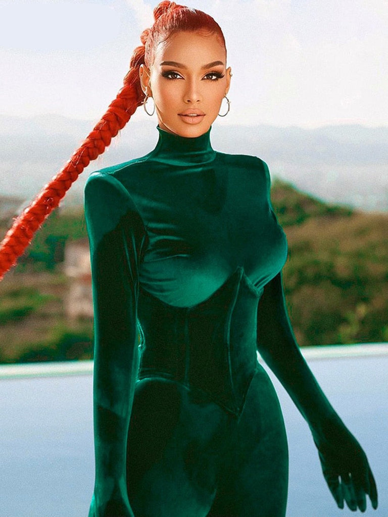 goosudu  Solid Velvet With Corset Gloves Sexy Bodycon Jumpsuit Summer Fall Slim Party Club Elegant Streetwear Outfit Y2K