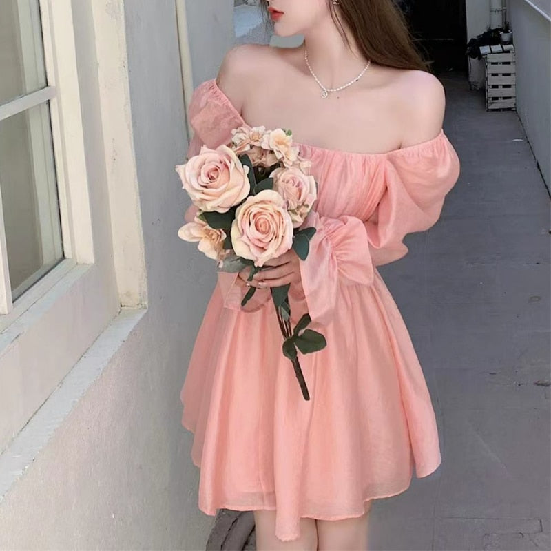 woloong  Pink Sweet Elegant Princess Dress Women Casual Korean Slim Long Sleeve Fairy Dress Female Backless Design Vintage Dress New