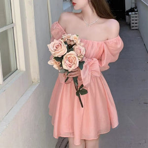 woloong  Pink Sweet Elegant Princess Dress Women Casual Korean Slim Long Sleeve Fairy Dress Female Backless Design Vintage Dress New