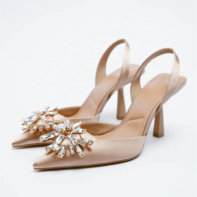 woloong New Brand Women Slingback Shoes Fashion Bling Crystal Sandal Ladies Thin High Heel Pointed Toe Shallow Slip On Mules M
