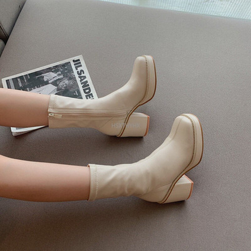 woloong New Autumn Winter Women Zipper Round Toe Booties New Brand Fashion Leather Ankle Boots Low Square Heels Chelsea Shoes