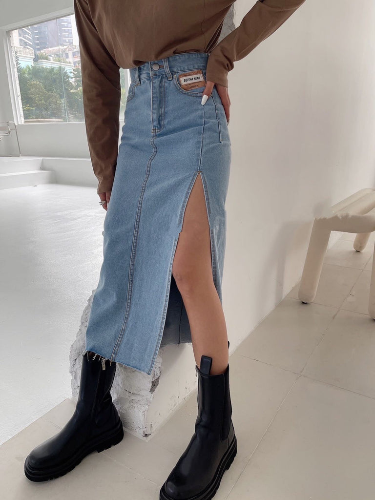 Summer New Women's Long Denim Skirt Vintage High Wasit Jeans Skirt Female Straight Side Split A-line Pencil Skirts