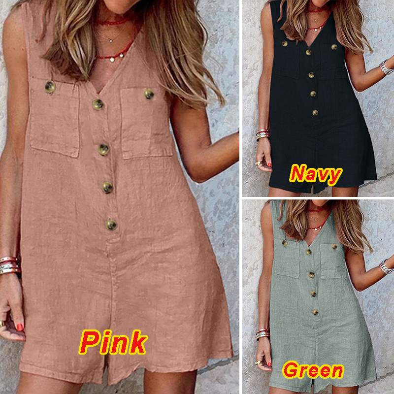 goosudu  Stylish Women V Neck Sleeveless Rompers Summer Jumpsuits Short Playsuits Casual Solid Loose Beach Overalls Oversized