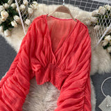 goosudu  Summer Sexy Draped Chiffon Blouse For Women Elegant V-Neck Puff Long Sleeve Short Tops Female Slim Party Shirts  New Fashion