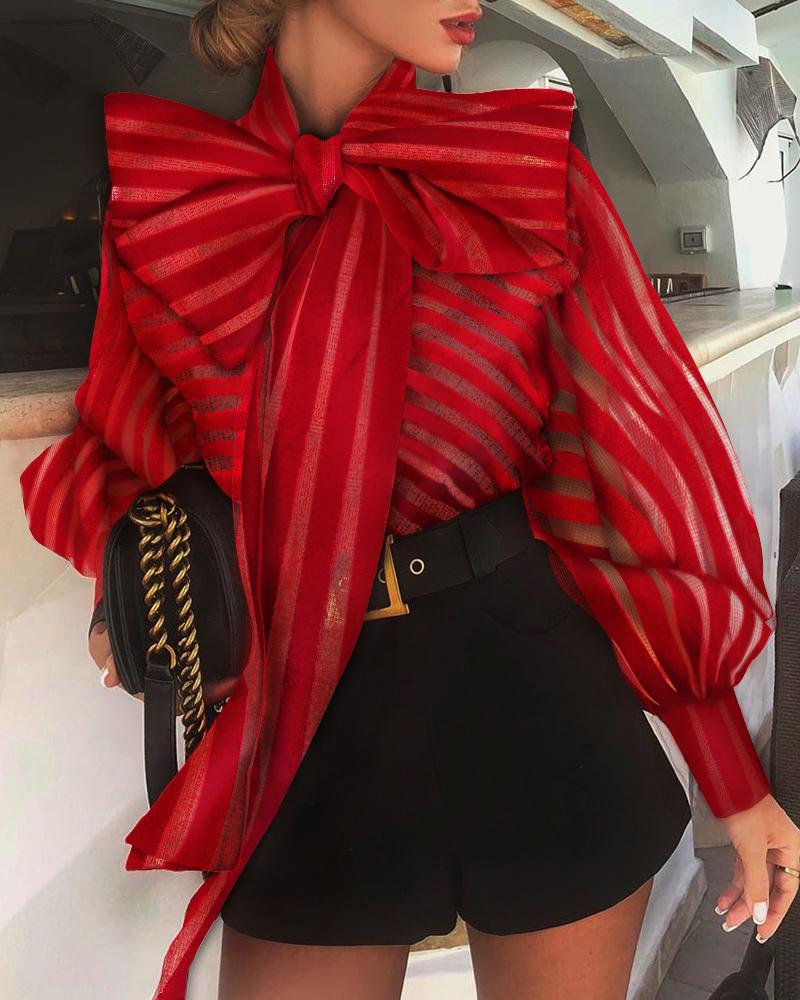 woloong  New Fashion Women's Puff Long Sleeve Striped Blouses Bow Collar Shirts Streetwear Ladies Casual Mesh Tops Camisas Blusa Mujer