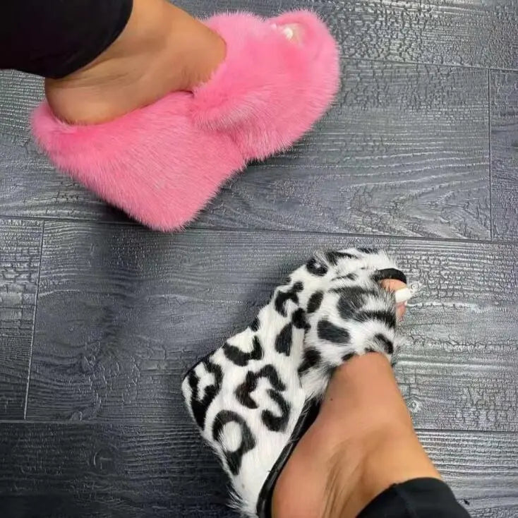Luxury new women feminine high-heeled fur drag outdoor all-match shoes slippers round head wedges with mink fur ms slippers