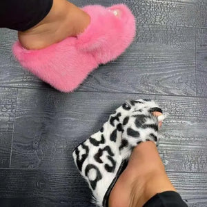Luxury new women feminine high-heeled fur drag outdoor all-match shoes slippers round head wedges with mink fur ms slippers