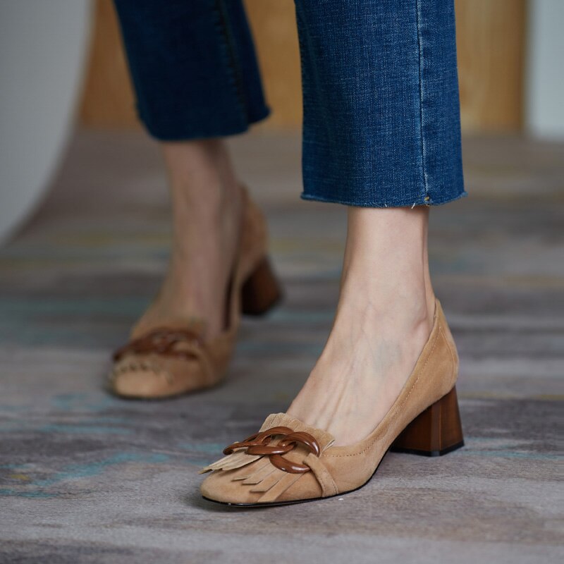 woloong  Fashion Newest Women Shoes Spring Thick Heels Pumps for Women Genuine Leather Kid Suede Office Lady Party Shoes for Women
