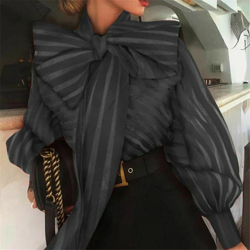 High Street Women Organza Blouse New Big Bow Striped Loose Shirts Puff Sleeve Retro Chic Blouses Clothes Elegant Female Shirt