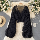 goosudu  Summer Sexy Draped Chiffon Blouse For Women Elegant V-Neck Puff Long Sleeve Short Tops Female Slim Party Shirts  New Fashion