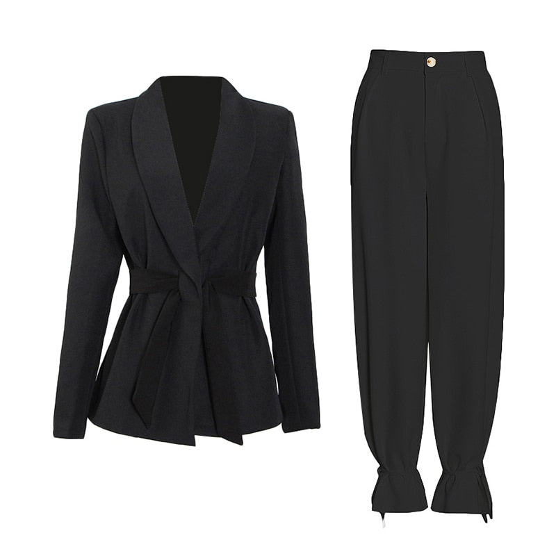 woloong  Solid Color Korean Two Piece Set Women Blazer High Waist Belt Lace-up Straight Pants Suits Female Fashion New