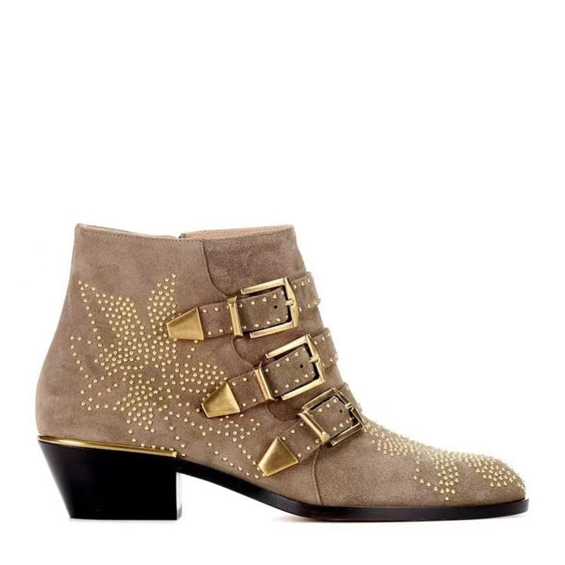 Studded Real Leather Ankle Boots Women Round Toe Rivet Flower Martin Short Boots Cowhide Thick Heel Low New Heel Women's Shoes