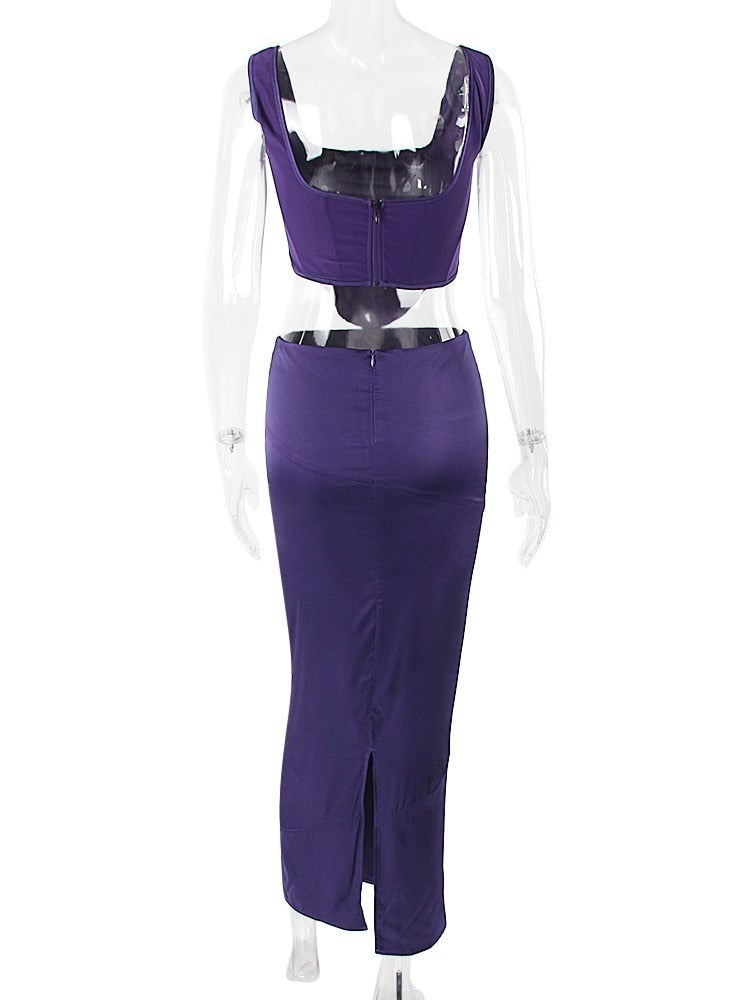 Purple Corset Satin Square Neck Crop Top And Draped Midi Dress Sets Slim Long Skirt Suits Two Piece Sets Womens Outfits