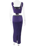 Purple Corset Satin Square Neck Crop Top And Draped Midi Dress Sets Slim Long Skirt Suits Two Piece Sets Womens Outfits