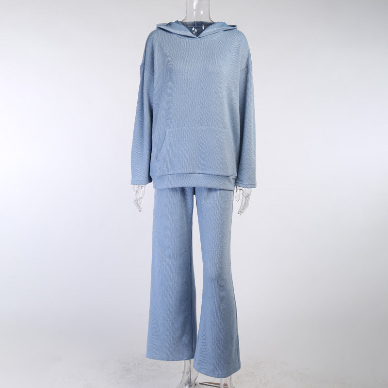 woloong  Casual Knit Hoodied With Pocket Two Piece Sets Women Solid Long Sleeve Top Wide Leg Pant Outfit Streetwear Tracksuit New