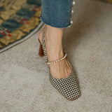 woloong New   Sandles Women Square Toe Thick Heel French Retro Women Shoes Pearl Buckle High Heel Party Sandals Houndstooth Pattern