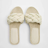 New Women's Slippers White Pearl Woven With Cotton And Linen Flat Bottom Outdoor Simple Versatile Soft Sole Sandals