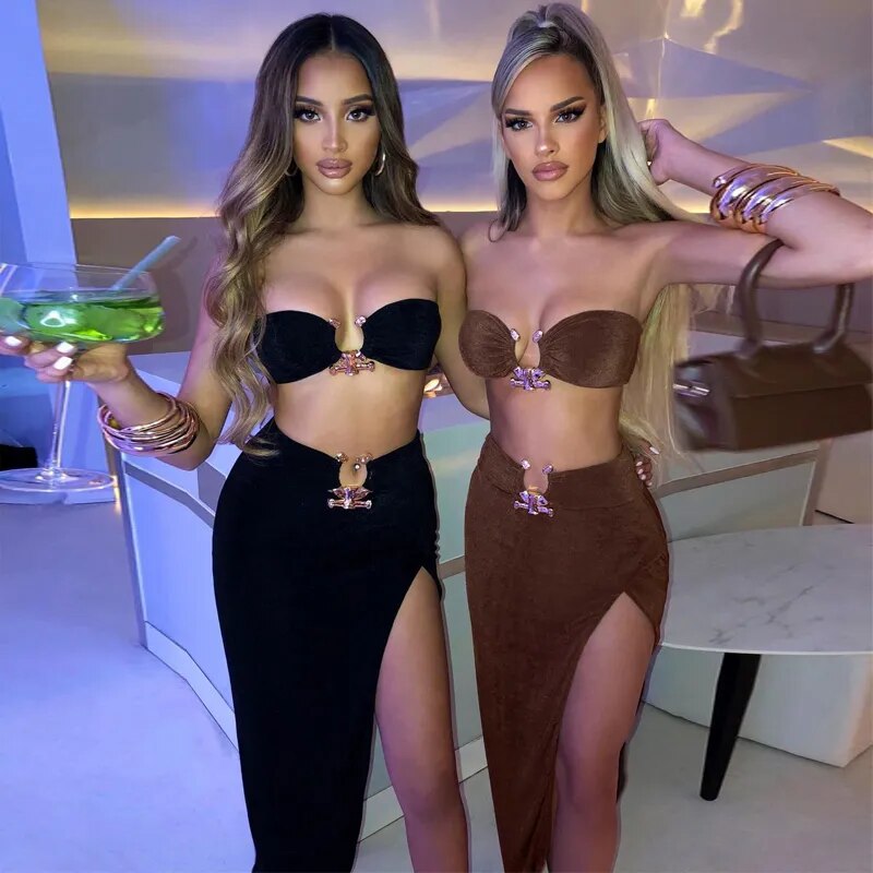 Sexy Strapless Crop Tube Top High Waist Slit Maxi Dress 2 Pcs Suits Fall Women Fashion Streetwear Vestido Y2K